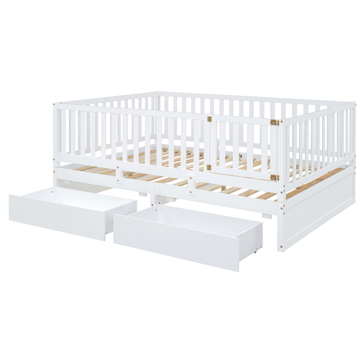Full Size Wood Daybed With Fence Guardrails And 2 Drawers, Split Into Independent Floor Bed & Daybed, White Old Sku :Lp000882Aak Full White Solid Wood Mdf