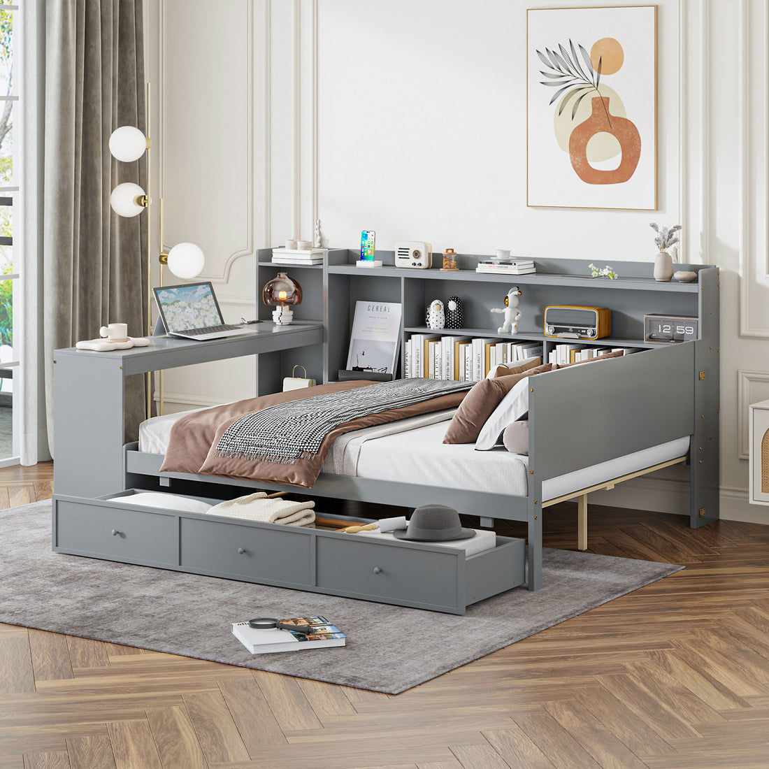 Full Size Wooden Daybed With 3 Drawers, Usb Ports And Deskgray Full Gray Wood