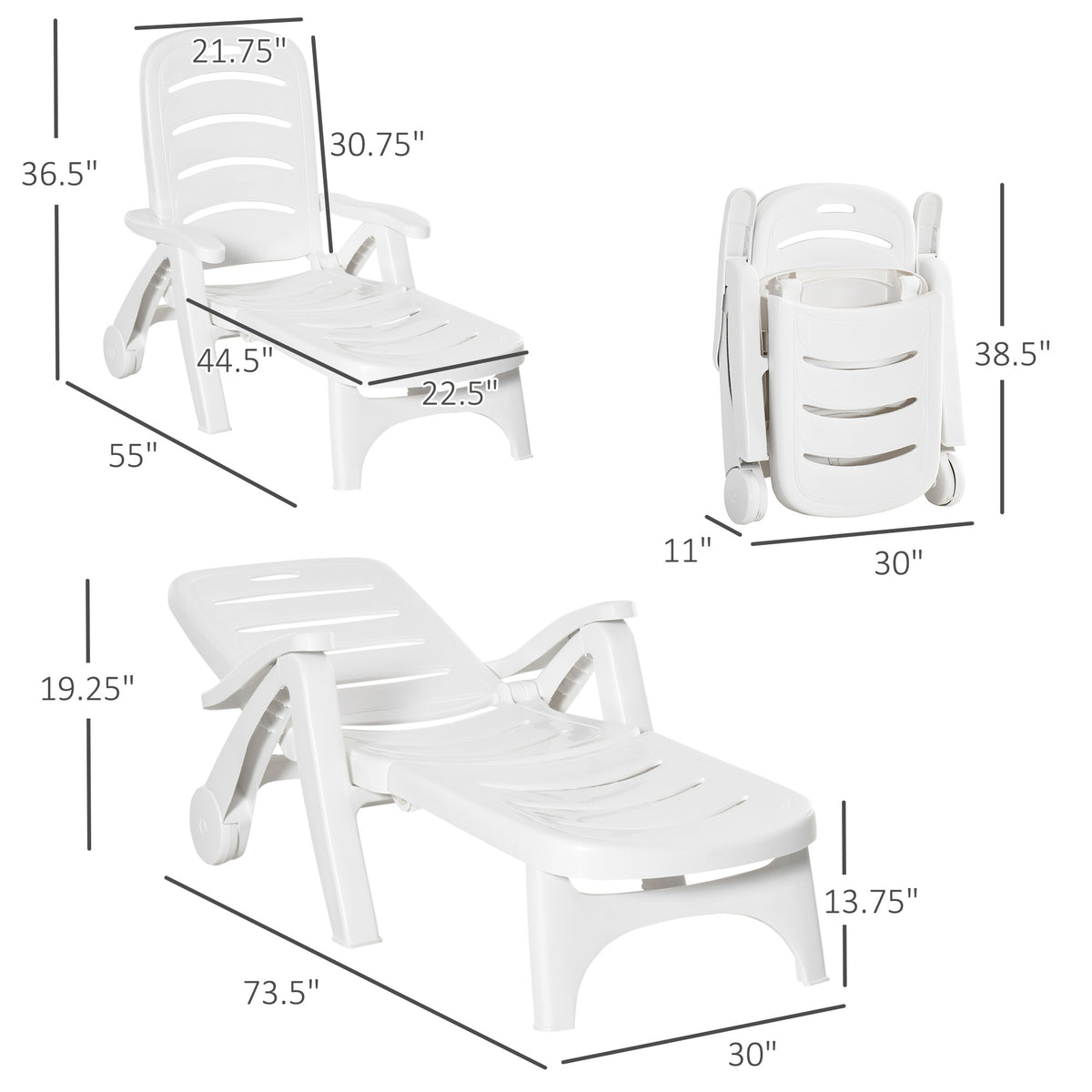 Outsunny Outdoor Chaise Lounge, 5 Level Adjustable Backrest Lounge Chair With Wheels, Folding Tanning Chair For Pool, Beach, Patio, Garden, White White Polypropylene