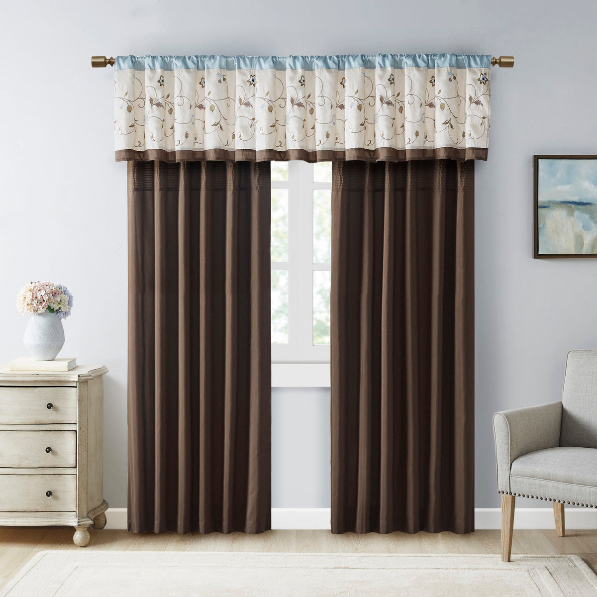 Embroidered Window Valance Blue 50X18" Blue Polyester
