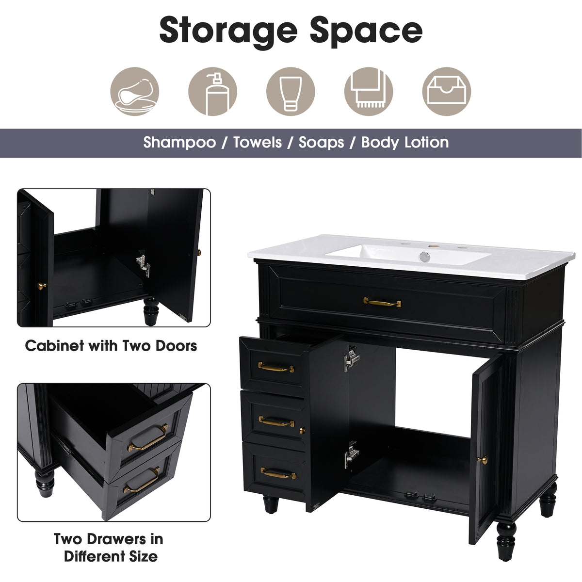 36" Bathroom Vanity With Sink, Black Bathroom Cabinet With Drawers, Solid Frame And Mdf Board, One Package Black Solid Wood Mdf