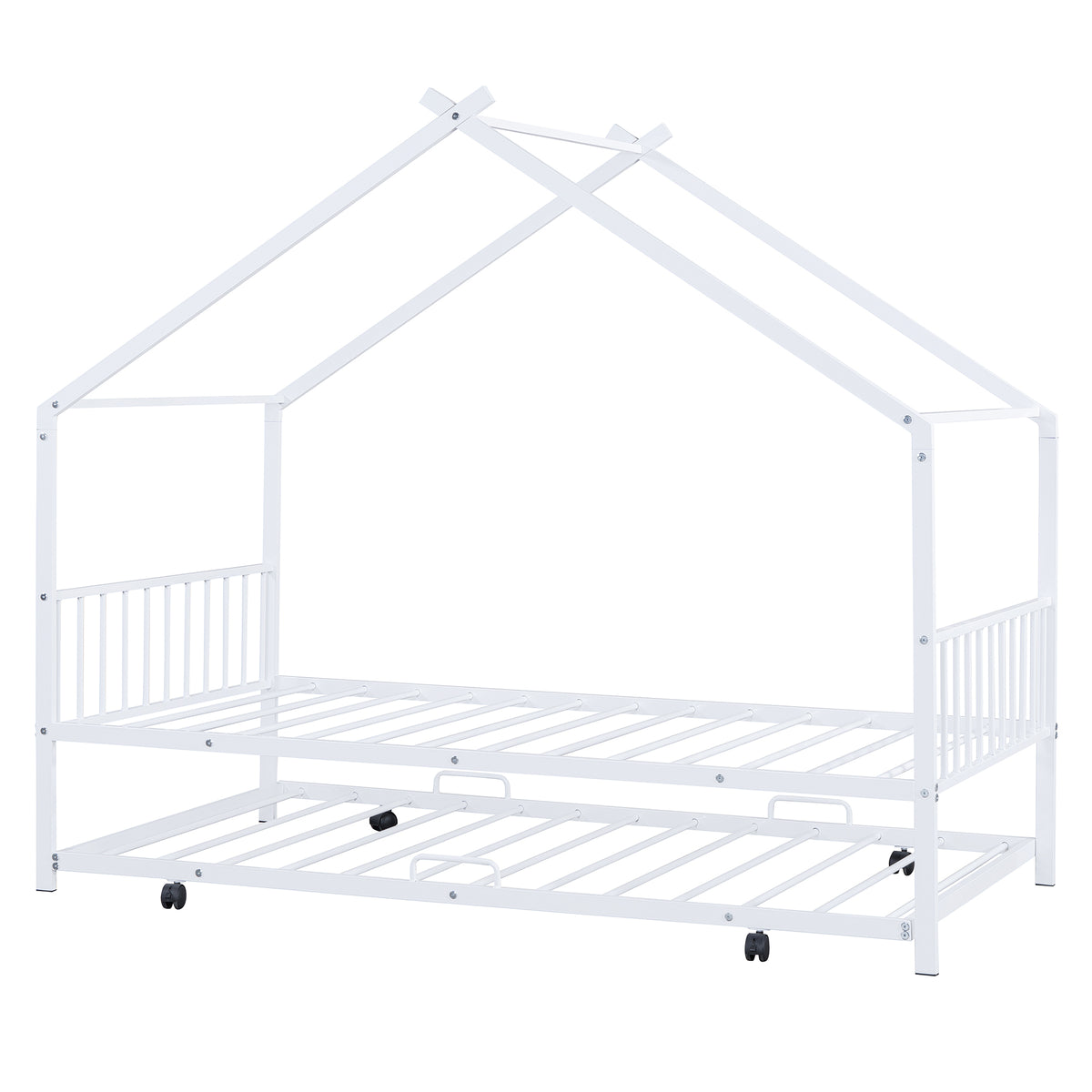 Twin Size Metal House Bed With Twin Size Trundle, White Twin White Metal