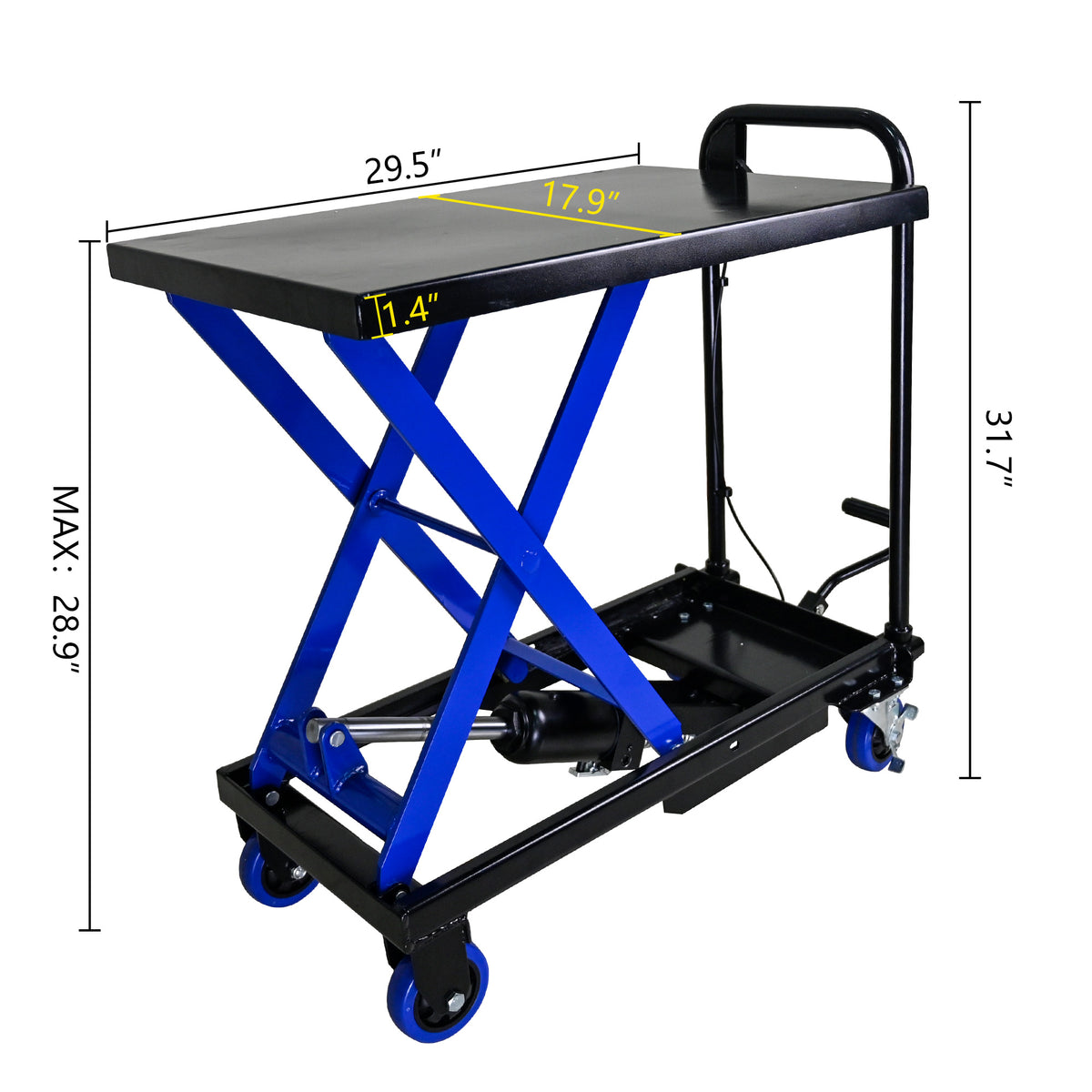 Hydraulic Lift Trolley, 500 Lbs Capacity, With 4 Wheels, For Material Handling And Transportation, Black Blue Black Blue Steel