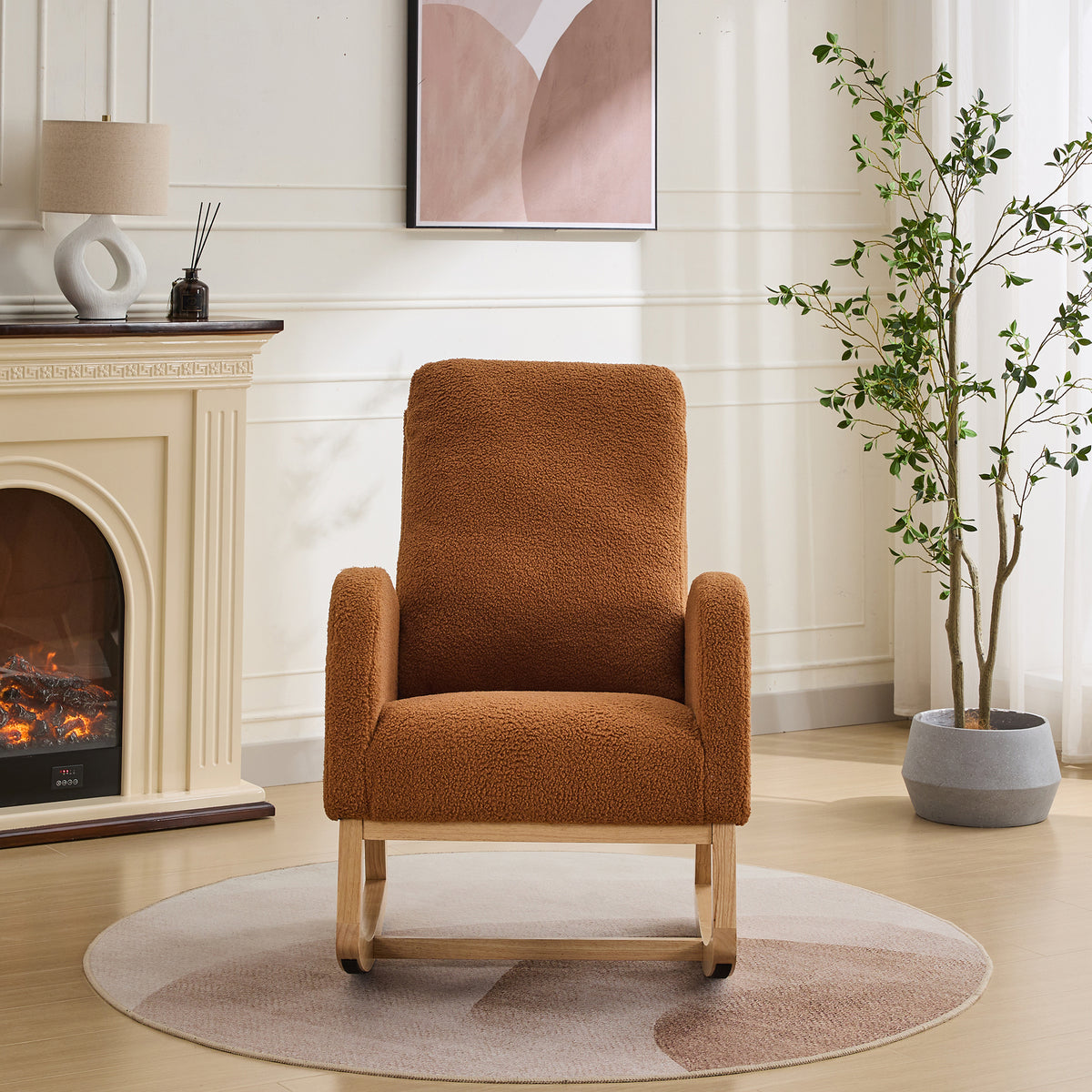 27.2"W Rocking Chair For Nursery, Sherpa Glider Chair With High Back And Side Pocket, Rocking Accent Armchair With Rubber Wood Legs For Living Room Bedroom.Caramel Caramel Sherpa