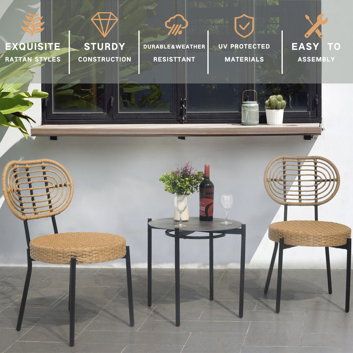 3 Pieces Of Luxury Outdoor Wicker Furniture Patio Bistro Style Table And Chair Combination,Weather Resistant Pe Wicker Weave, Stainless Steel Fame, Suitable For Garden, Terrace,Backyard Casua No Black Natural Seats 2 2 Person Seating Group Steel