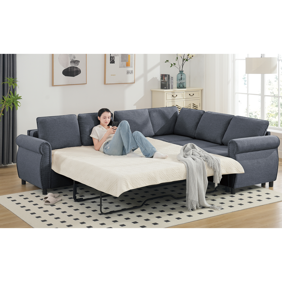 Arrived Sleeper Sofa, 2 In 1 Pull Out Couch Bed,6 Seater Sofa Bed, L Shaped Sleeper Sectional Sofa Couch,Riveted Sofa,104'' Large Combined Sofa Bed In Living Room, Dark Gray Gray Polyester Wood Primary Living Space Medium Soft Cushion Back Modern