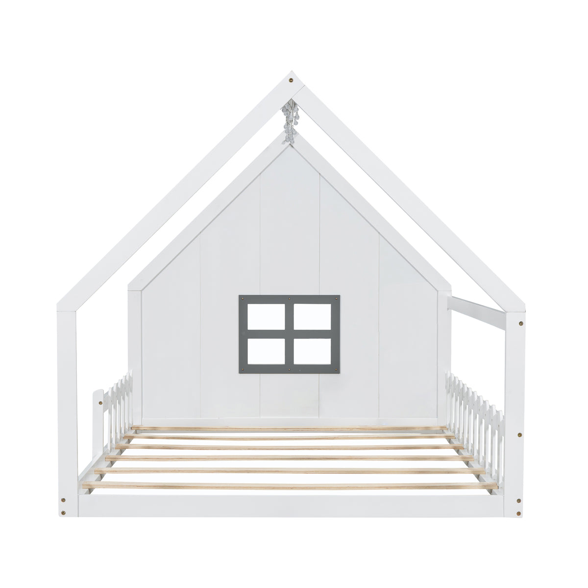 Full Size Wood House Bed With Window And Fence, White Old Sku: Wf304147Aak Box Spring Not Required Full White Wood Bedroom Pine Bed Frame Solid Wood Mdf