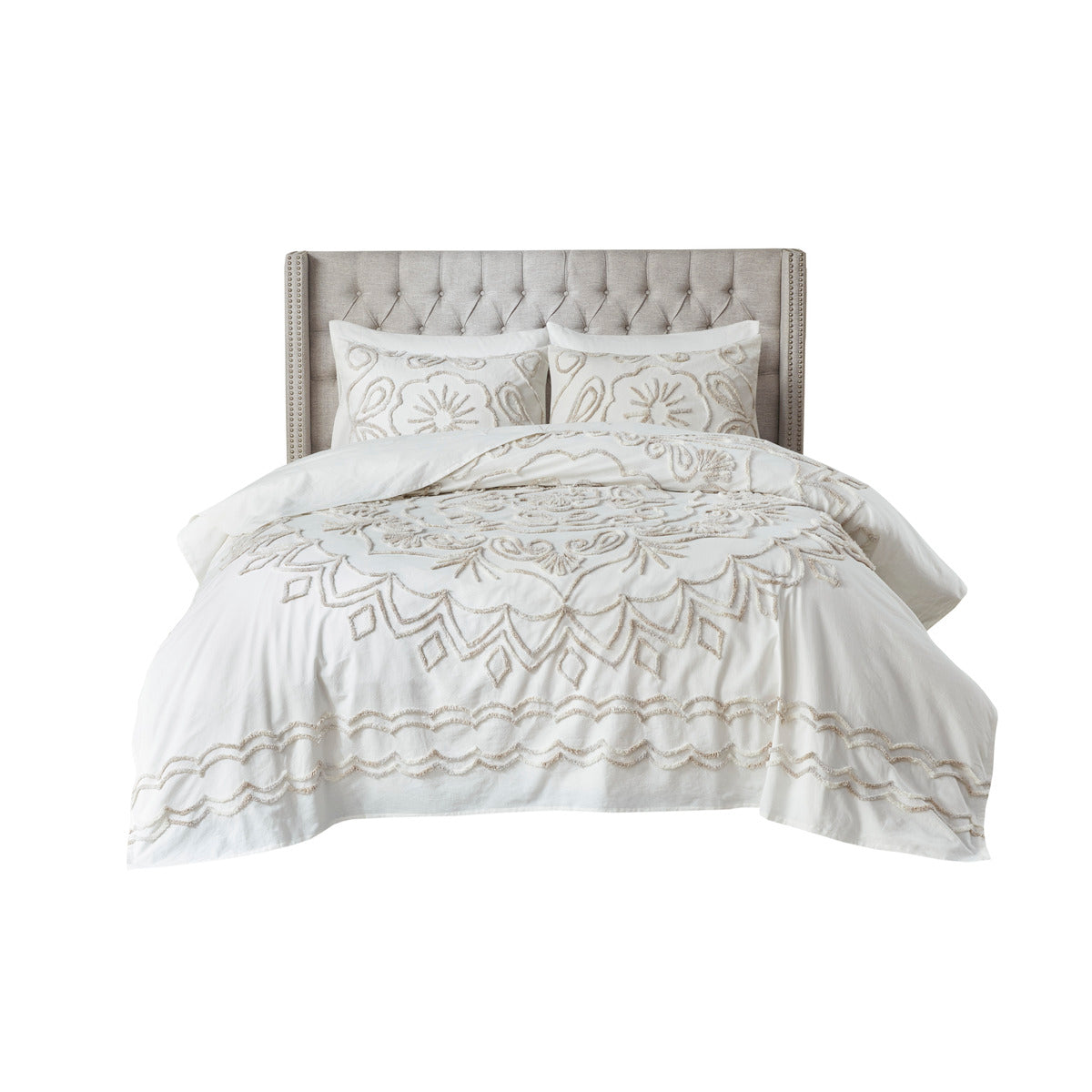 3 Piece Tufted Cotton Chenille Coverlet Set Ivory Taupe Full Queen Ivory Taupe Cotton