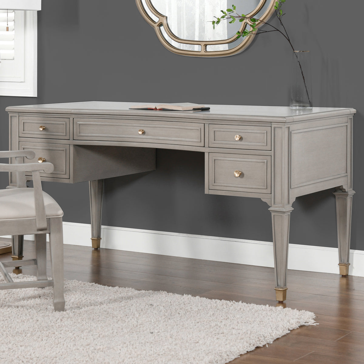 Dauphin Gold Accent 5 Drawer Wood Executive Desk, Grey Cashmere Wood Gray Solid Wood Mdf Wood