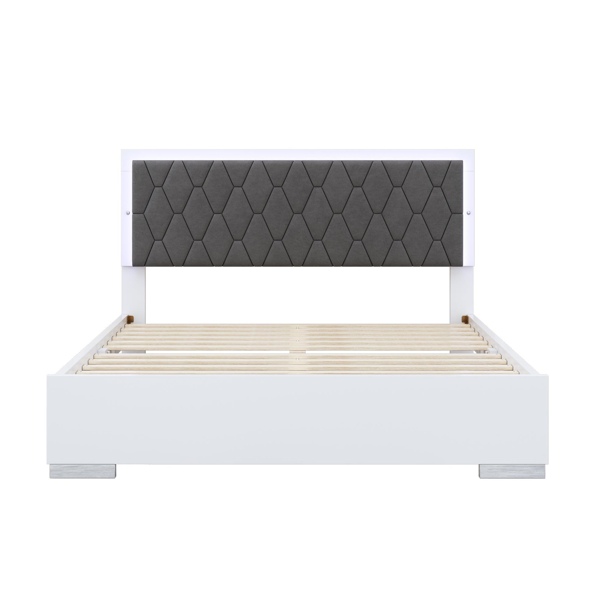 Queen Size Upholstered Bed With Led Light,Modern Platform Bed With With Velvet Headboard,White Queen White Mdf