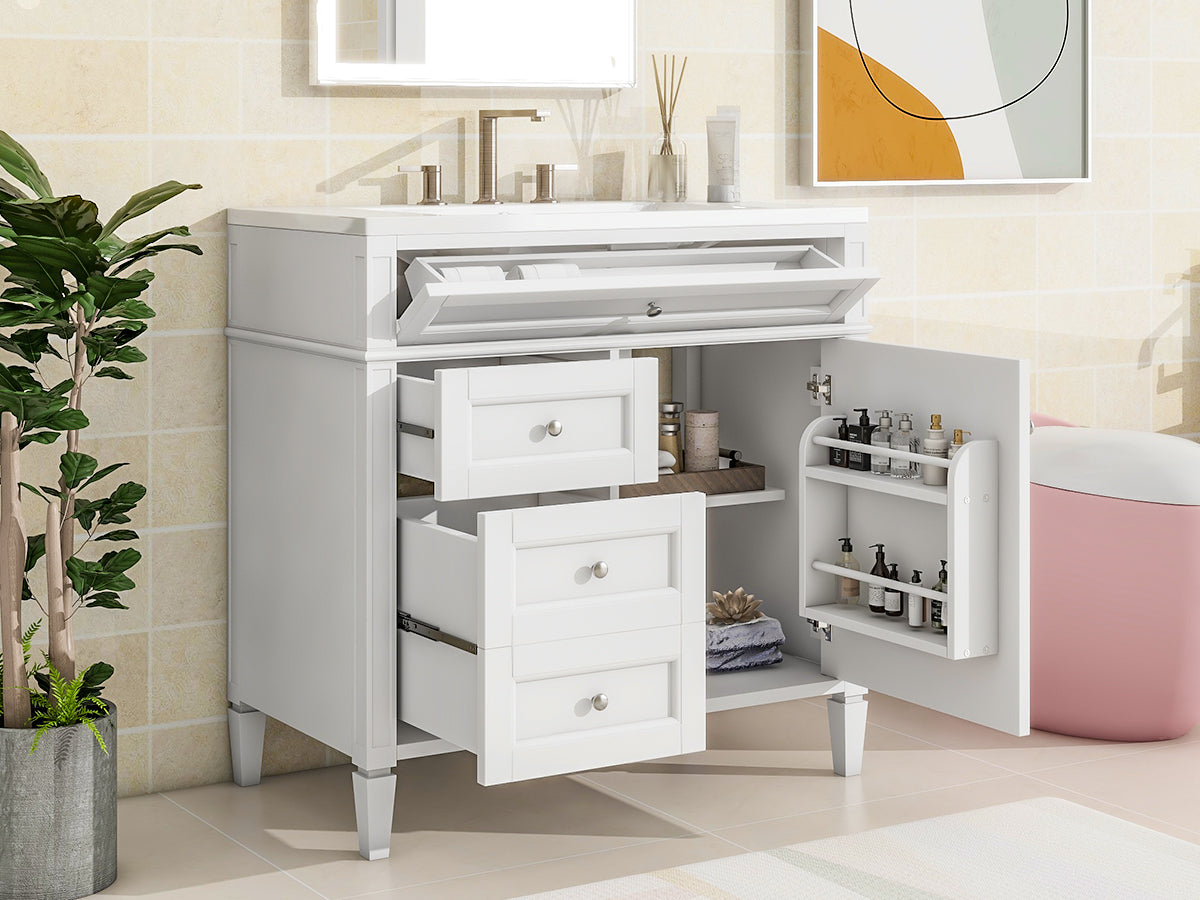 36'' Bathroom Vanity With Top Sink, Modern Bathroom Storage Cabinet With 2 Drawers And A Tip Out Drawer, Single Sink Bathroom Vanity White Bathroom Solid Wood Mdf Ceramic,Solid Wood Mdf