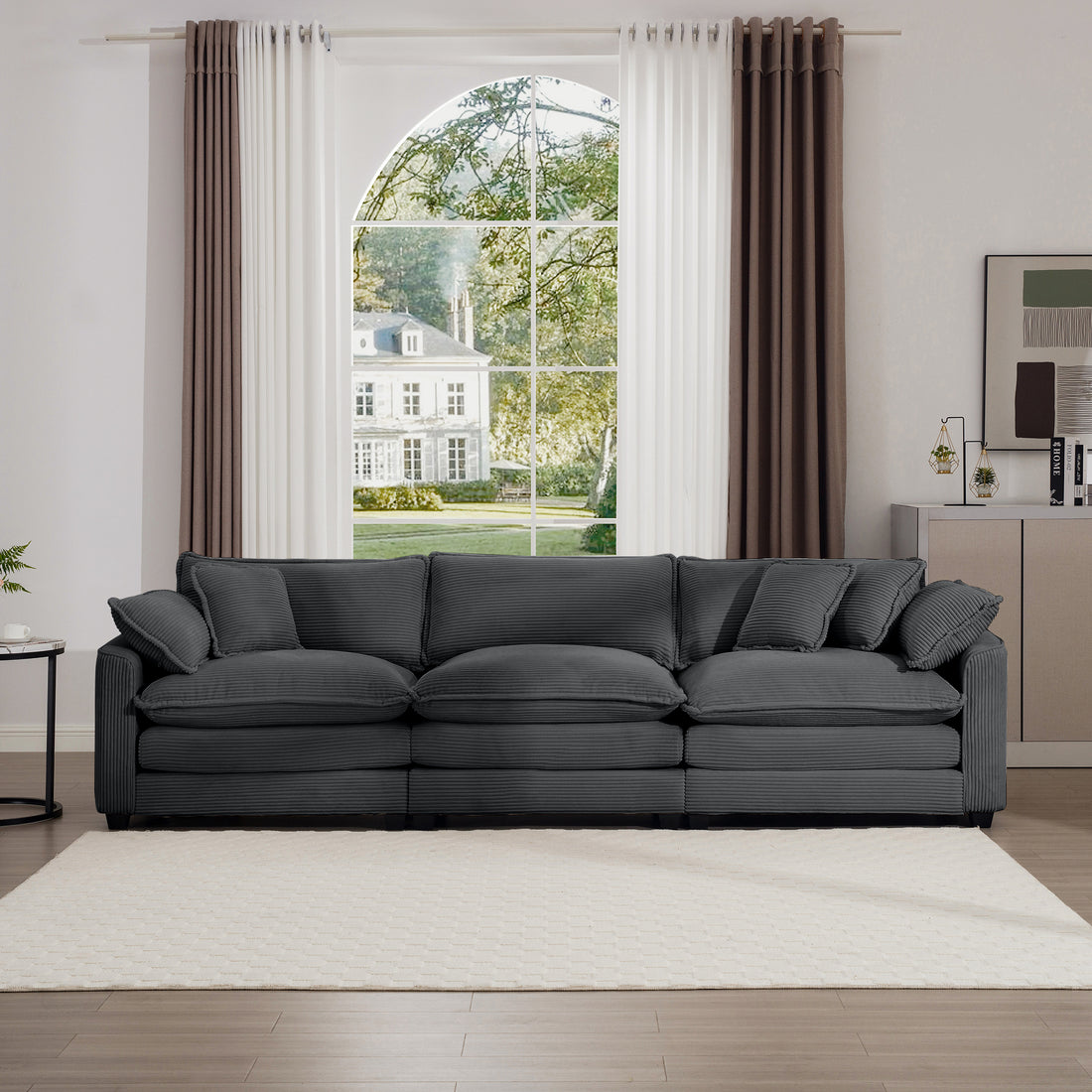 Mid Century Modern Sectional Sofa 3 Seater Sectional Sofa With 2 Arm Pillows And 3 Pillows, Living Room Sectional Grey Corduroy Fabric Grey Corduroy 3 Seat