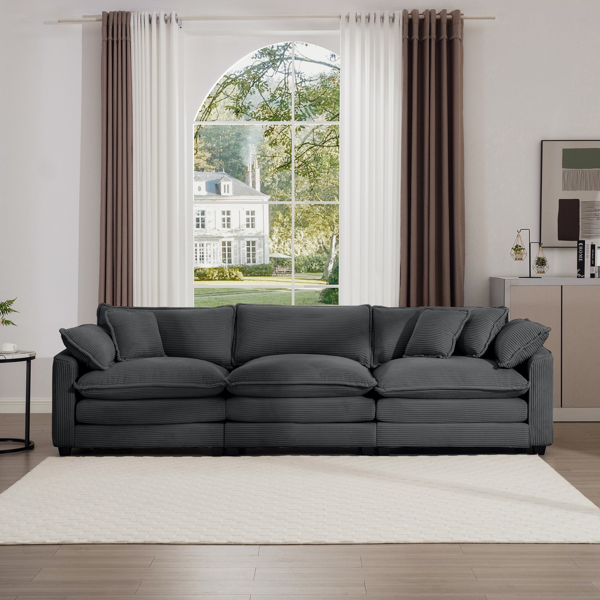 Mid Century Modern Sectional Sofa 3 Seater Sectional Sofa With 2 Arm Pillows And 3 Pillows, Living Room Sectional Grey Corduroy Fabric Grey Corduroy 3 Seat