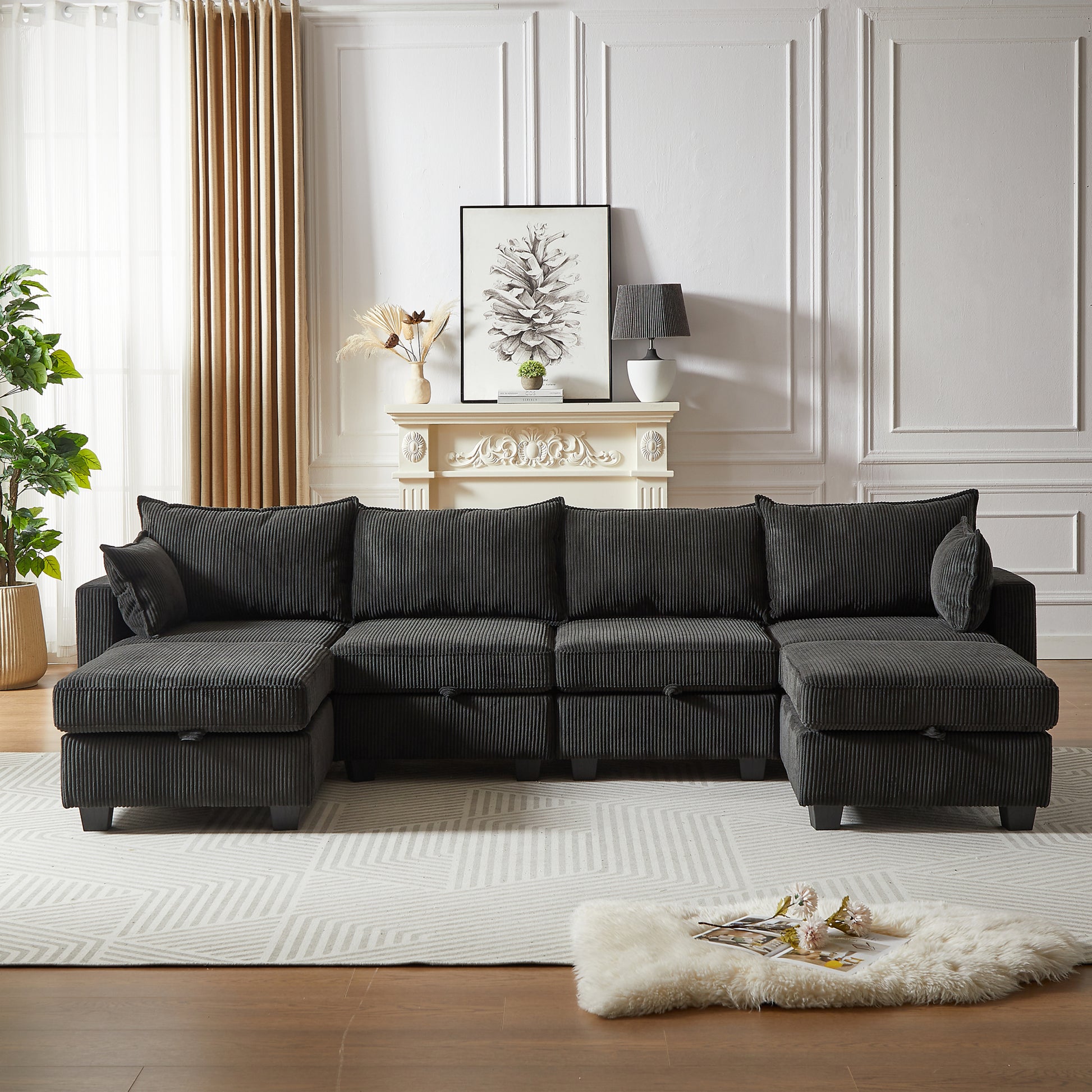 113.5'' Modular Sectiona Corduroy Sofa, Sectional Couches For Living Room U Shaped Sectional Couch With Storage Ottoman, 6 Seats Convertible Sectionals With Chaise Black Corduroy 6 Seat