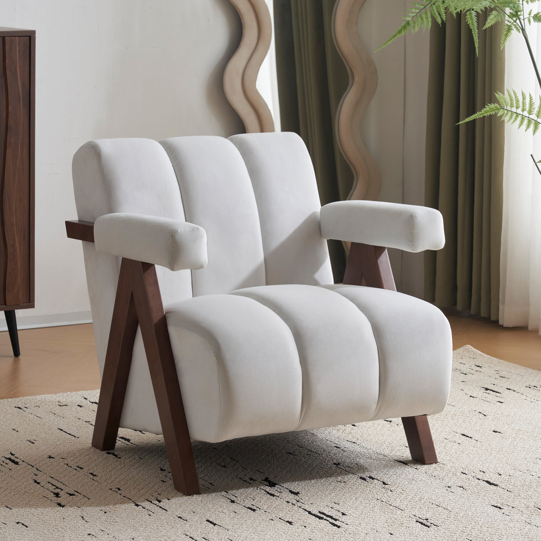 Mid Century Modern Accent Chair With Solid Wood Frame, Upholstered Living Room Chairs With Thick Cushion, Comfy Tufted Arm Chair For Bedroom, Living Room, Velvet, Ivory Ivory White Velvet
