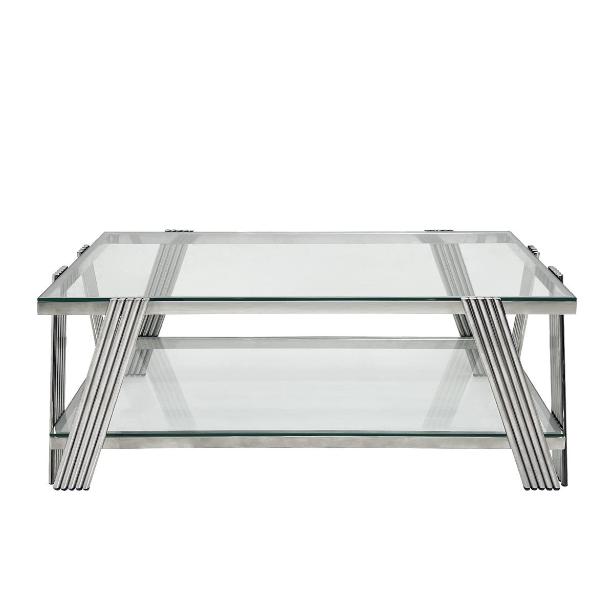Modern Stainless Steel Coffee Table Set Set Of 3 , Double Layer Clear Tempered Glass Table Top, Coffee Table & Two End Side Table 3 Pieces Sets For Living Room Home Office, Silver Clear,Silver