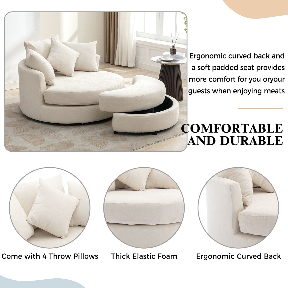 Orisfur. 360 Swivel Accent Barrel Chair With Storage Ottoman & 4 Pillows, Modern Chenille Leisure Chair Round Accent For Living Room, Cream Cream Foam Chenille
