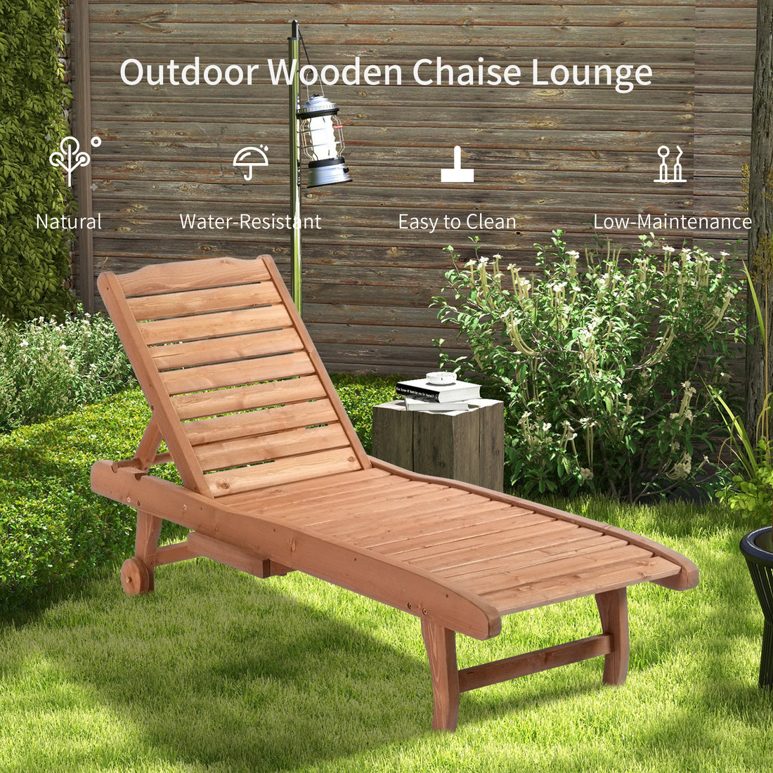 Outsunny Outdoor Chaise Lounge Pool Chair, Built In Table, Reclining Backrest For Sun Tanning Sunbathing, Rolling Wheels, Red Wood Look Natural Wood Wood