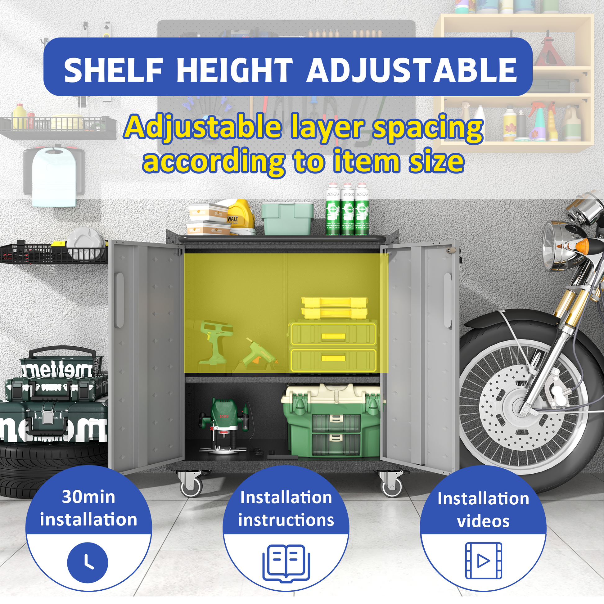Heavy Duty Metal Garage Storage Cabinet With Wheels Sturdy And Durable Tool Storage Cabinet For Garage, Office, And Home Organizer Solutions Black Gray Steel