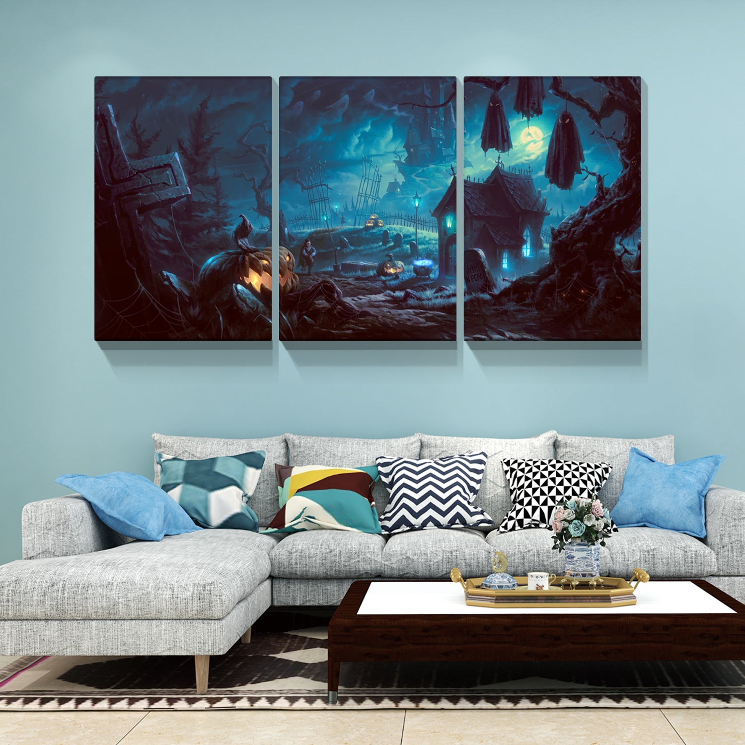 Modern Halloween Painting On Canvas 3 Panels Pictures Wall Art For Living Room Home Decor Wooden Framed Stretched Ready To Hang 1216Inch Thickness 1.5Inch Multicolor Halloween Canvas