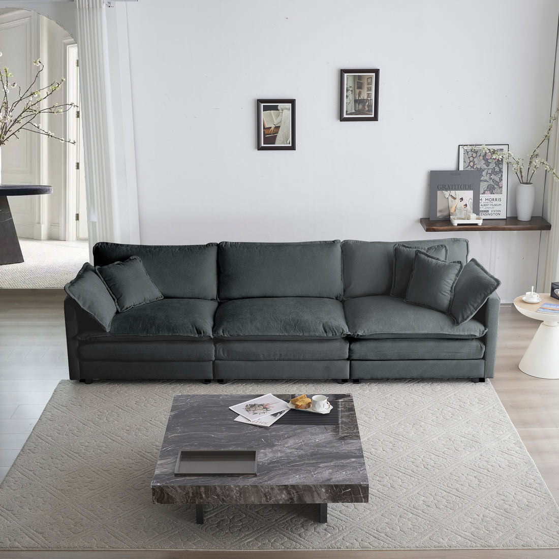 Mid Century Modern Couch 3 Seater Sofa With 2 Armrest Pillows And 3 Toss Pillows, Couch For Living Room Gray Chenille Gray Chenille 3 Seat