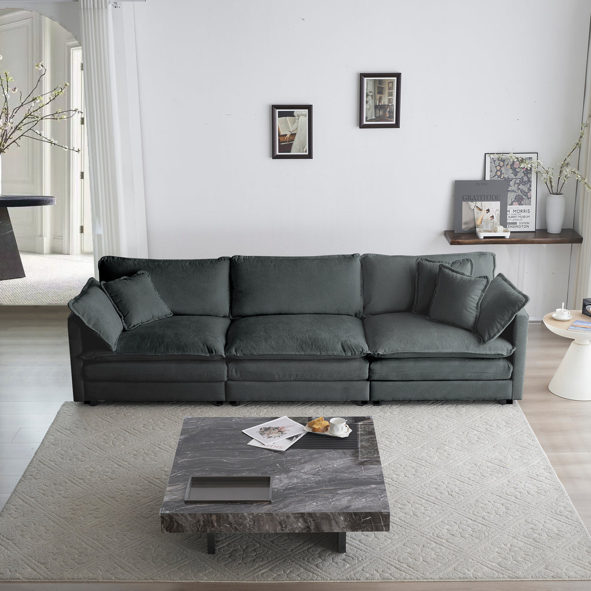Mid Century Modern Couch 3 Seater Sofa With 2 Armrest Pillows And 3 Toss Pillows, Couch For Living Room Gray Chenille Gray Chenille 3 Seat