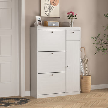 Shoe Cabinet,Freestanding Tipping Bucket Shoe Rack Organizer With 3 Flip Drawers,Entryway Narrow Shoe Storage With Adjustable Storage Shelf,Modern Slim Hidden Shoe Cabinet, White 5 Or More Spaces White Primary Living Space Particle Board