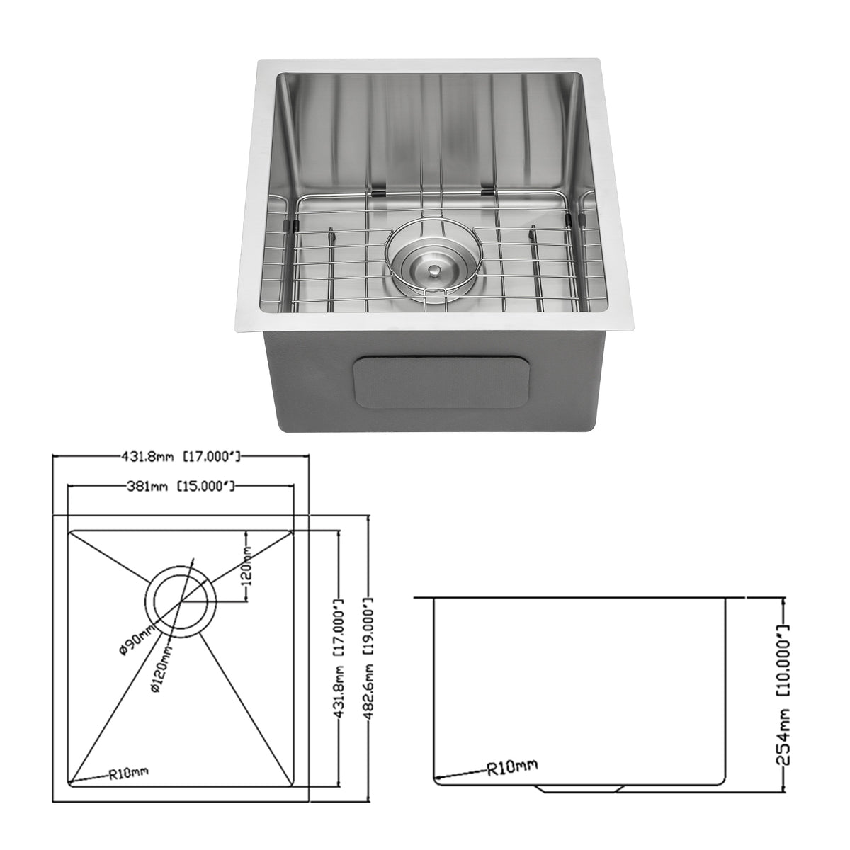 17 Inch Undermount Sink 17"X19"X10" 16 Gauge Single Bowl Kitchen Sink 10 Inch Deep Bar Prep Sink Basin Brushed Nickel Stainless Steel