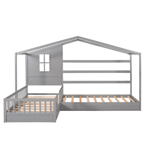 Wood House Bed Twin Size, 2 Twin Solid Bed L Structure With Fence And Slatted Frame, Gray Twin Gray Plywood
