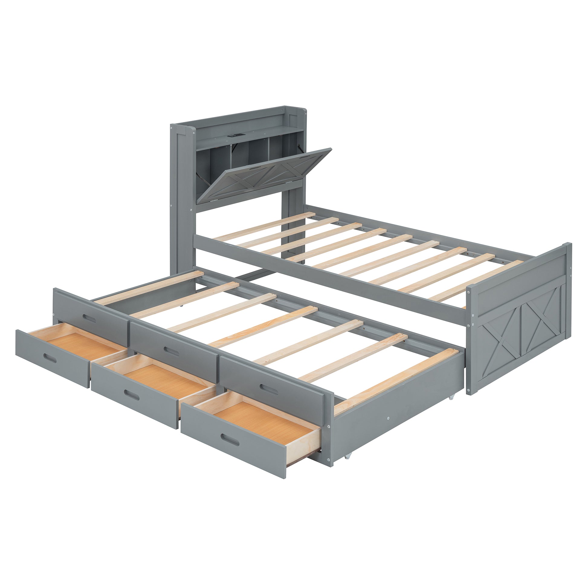Twin Size Wooden Bed With Storage Headboard With Outlets, Extendable Bed With Twin Size Trundle With Three Storage Drawers,Gray Twin Gray Wood