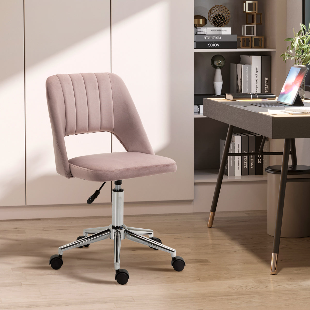 Vinsetto Modern Mid Back Office Chair With Velvet Fabric, Swivel Computer Armless Desk Chair With Hollow Back Design For Home Office, Pink Pink Polyester