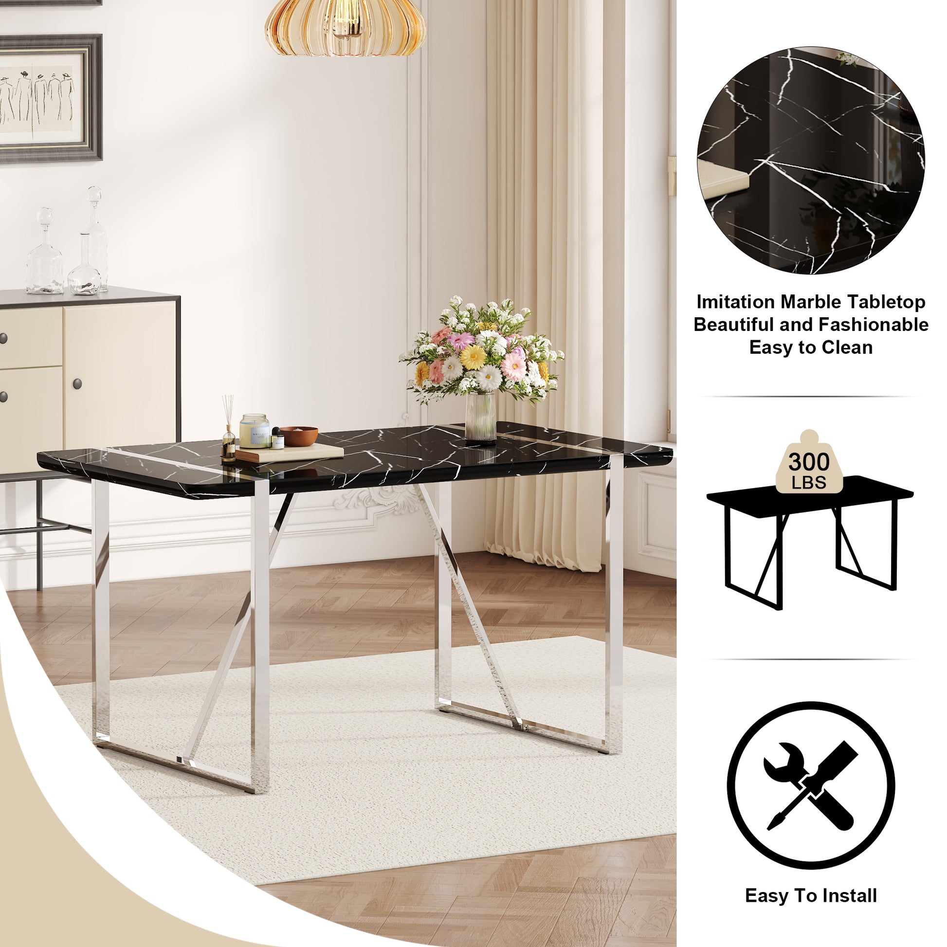 Table And Chair Set.A Rustic Industrial Rectangular Mdf Black Dining Table With Mdf Desktop And Electroplated Silver Metal Legs.Paried With 4 Chairs With Pu Cushion And Metal Legs. White Black Seats 4 Mdf Metal
