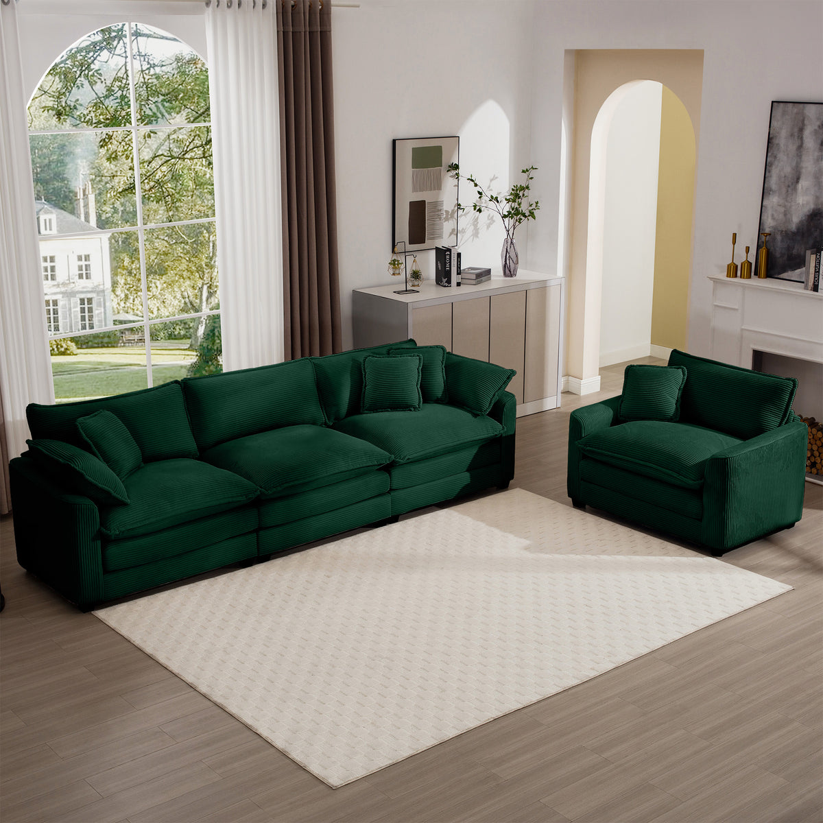Mid Century Modern Sectional Set Of Two, One 3 Seater Sectional And One Single Seater Sectional With 2 Arm Pillows And 4 Throw Pillows, Living Room Sectional Green Corduroy Fabric Green Corduroy 3 Seat