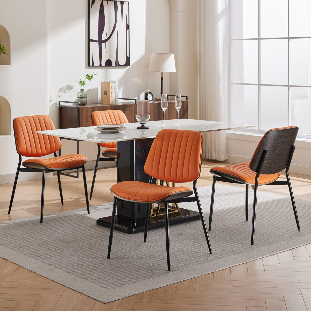 Dining Chairs Set Of 2 Mid Century Modern Retro Faux Leather Chair With Walnut Bentwood Back Upholstered Seat Metal Legs Adjustable Foot For Kitchen Dining Room Chairs Orange Pu Orange Dining Room Classic Set Of 2 Foam Pu Leather
