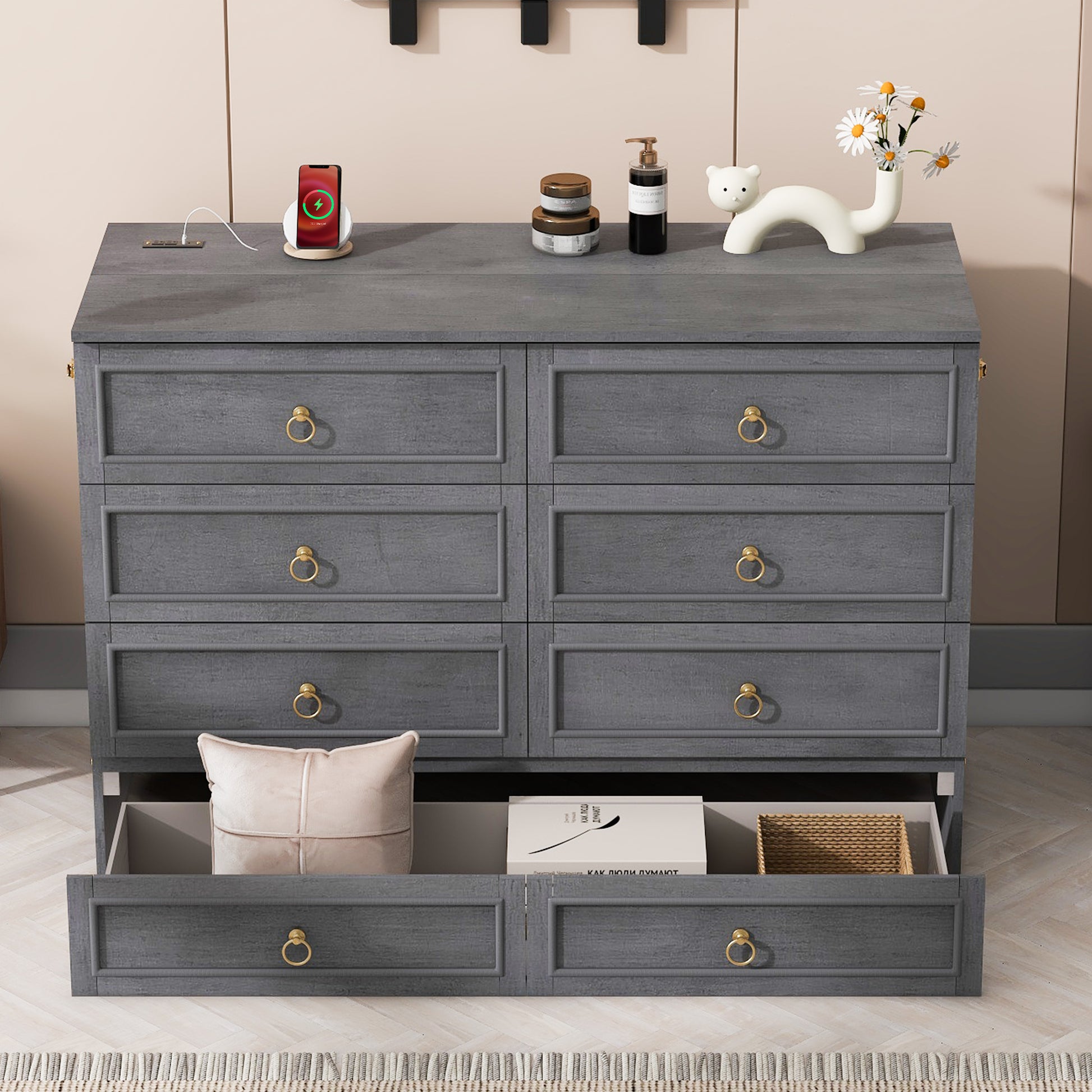 Queen Murphy Bed With Large Drawers,Gray Queen Gray Plywood