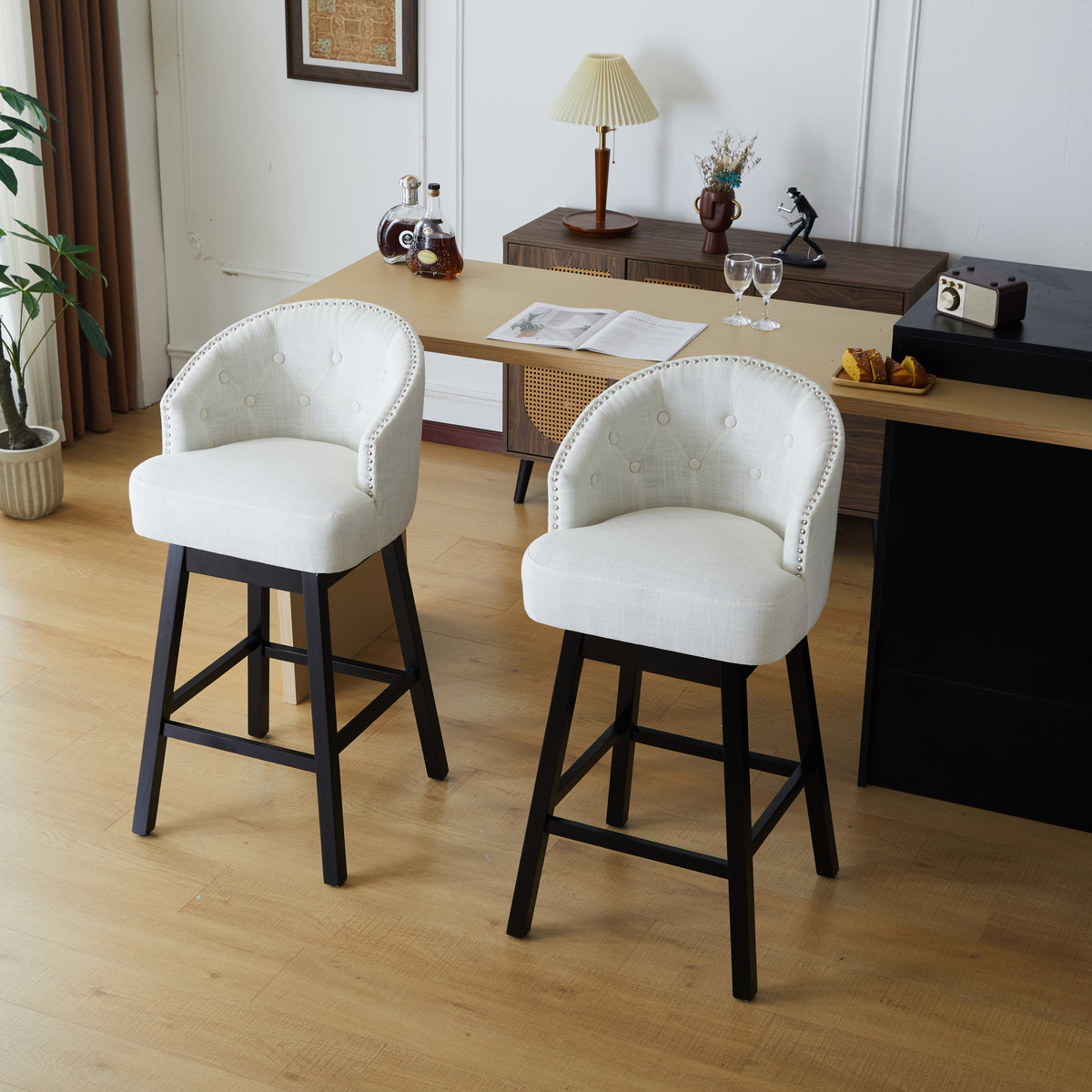 33.25" Swivel Counter Stools Set Of 2, Upholstered Counter Height Bar Stools With Solid Rubber Wood Frame, Backrest, Footrest, Armless Barstools For Home Bar, Kitchen Counter, Black Beige Rubberwood
