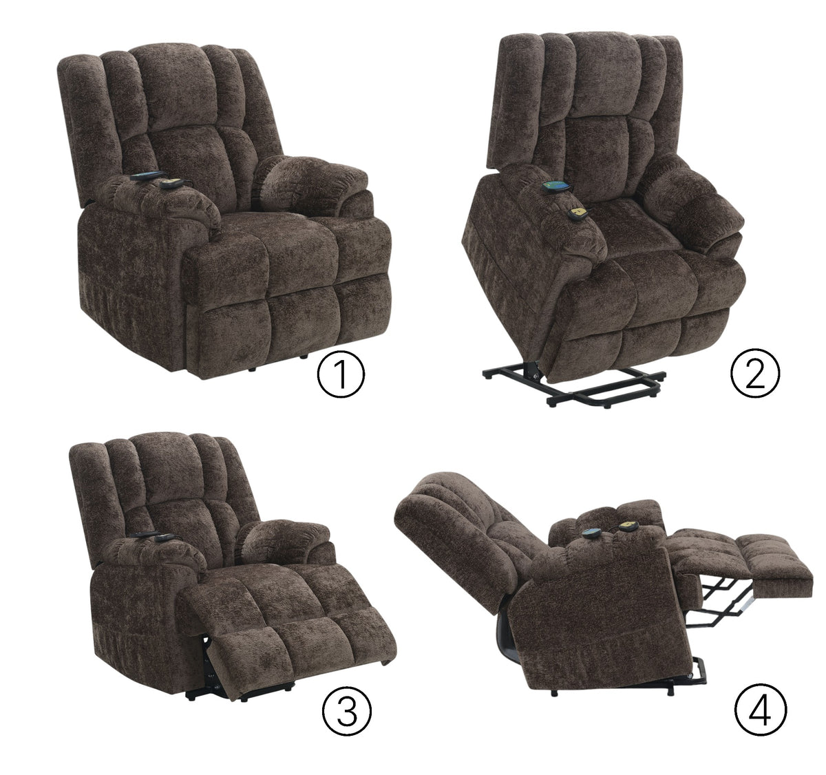 Pacay Brown Chenille Power Motion Recliner With Lift, Heating & Massage Function Brown Chenille