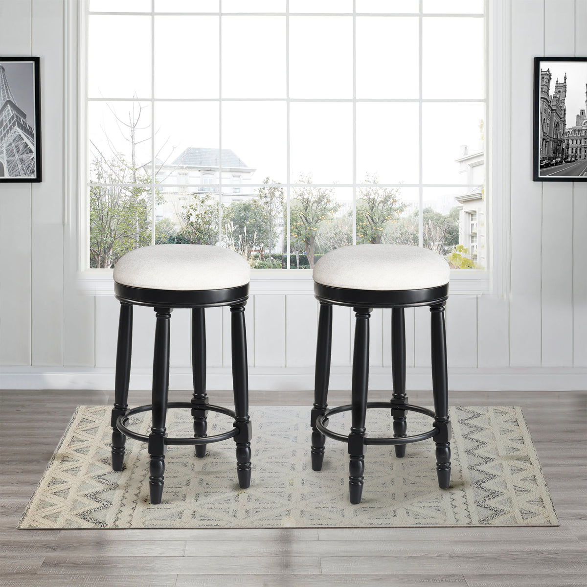 Bar Stools Set Of 2 Black Color, 360 Degree Swivel, Accent Wooden Swivel Seat Counter Height Bar Stool,White Cushion Seat, Barstool Perfect For Dining And Living Room Height 26" Cushion Solid White