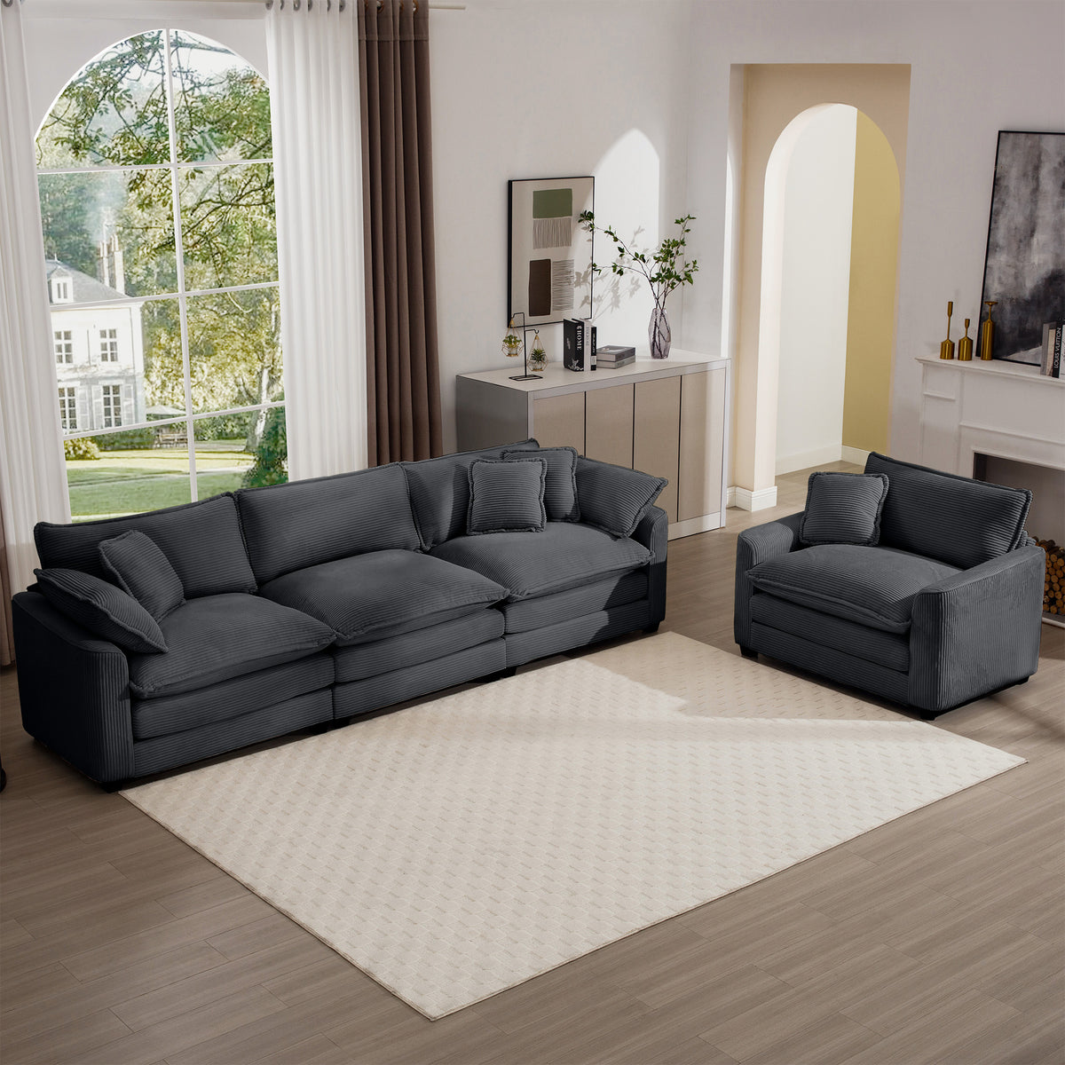 Mid Century Modern Sectional Set Of Two, One 3 Seater Sectional And One Single Seater Sectional With 2 Arm Pillows And 4 Throw Pillows, Living Room Sectional Grey Corduroy Fabric Grey Corduroy 4 Seat