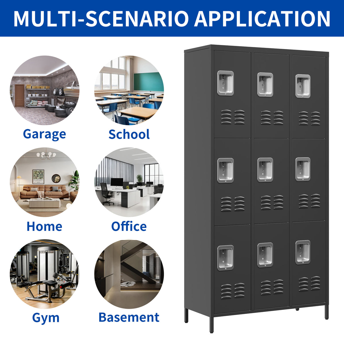 9 Door 72"H Metal Lockers With Lock For Employees,School,Office,Gym,Bedroom,Storage Locker Cabinet,Gray,Assembly Required,Black 5 Or More Spaces Black Primary Living Space Door Locks Modern Metal