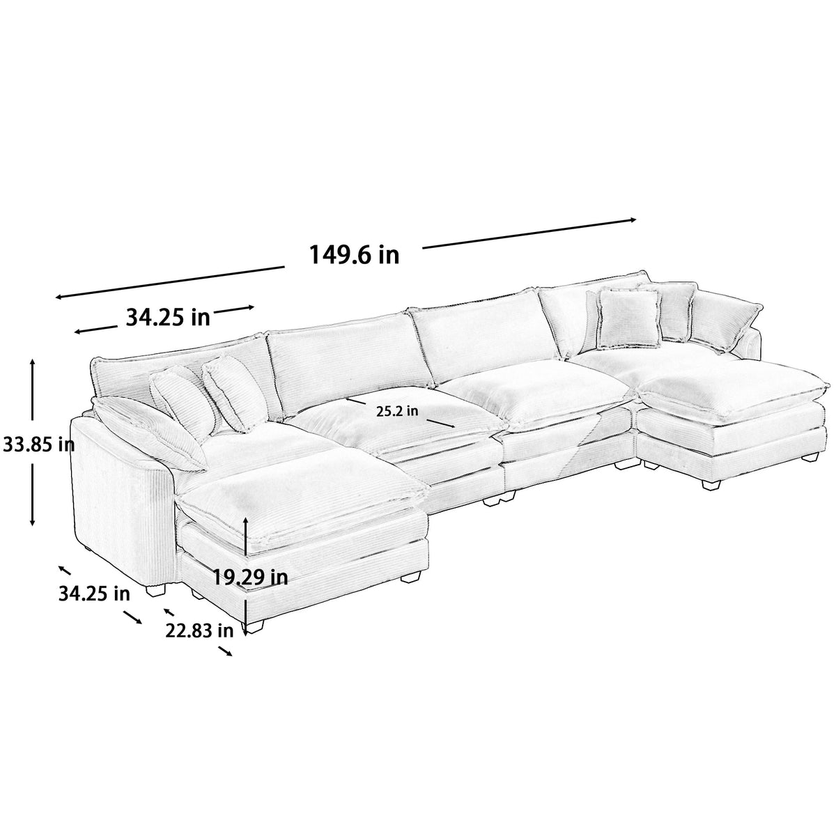 Corduroy Sofamodern Upholstered 4 Seater With 3 Footstools Corduroy Fabric Sofaoffice Living Room Apartment Comfortable Sofa, Easy To Assemble With 2 Arm Pillows And 4 Throw Pillows Tan Corduroy 4 Seat