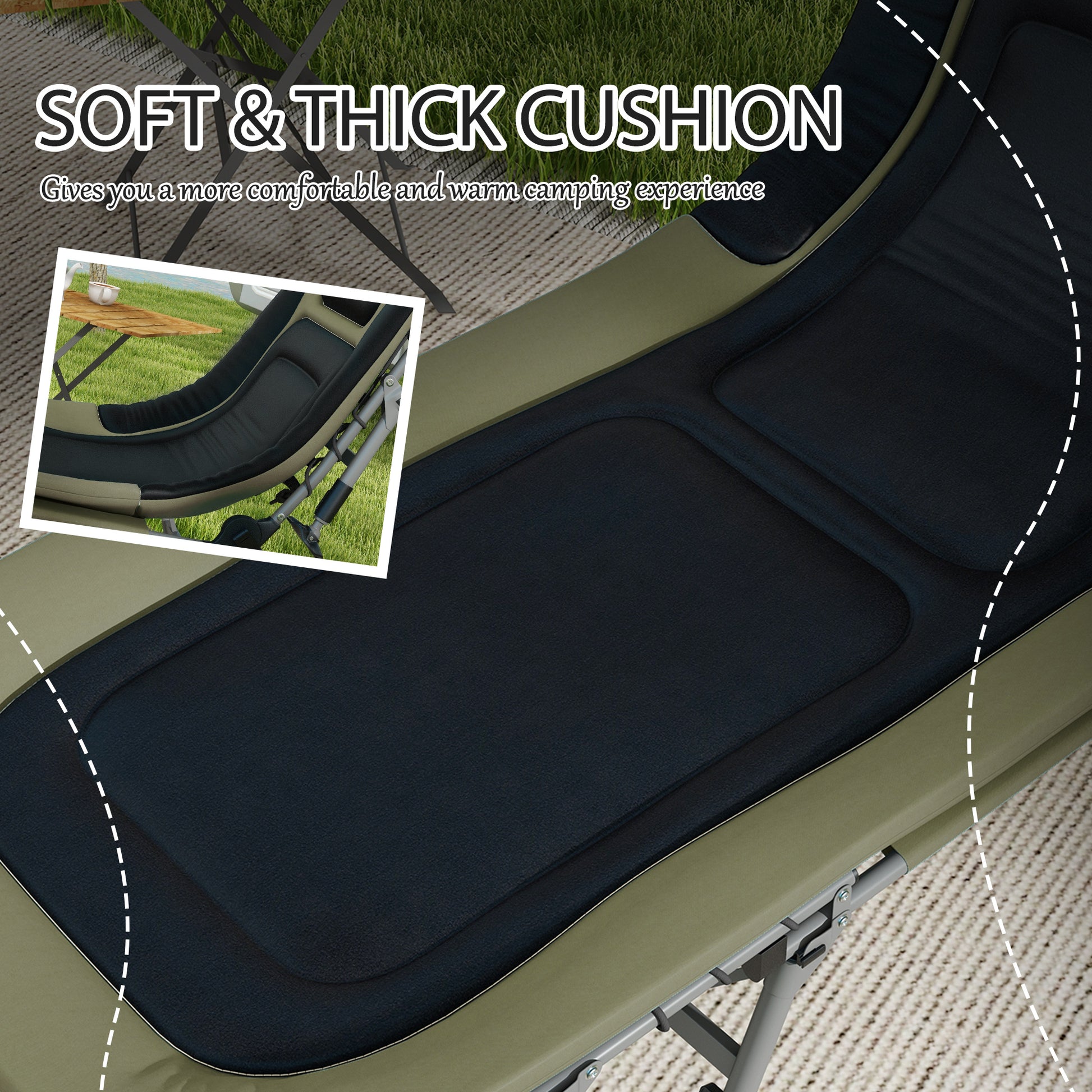 Outsunny Camping Cot For Adults, Folding Bed With Soft Padded Cushions & Headrest, 180 Adjustable Reclining Lounger, Heavy Duty And Portable With A 400 Lbs. Capacity, Dark Green Dark Green Oxford Fabric
