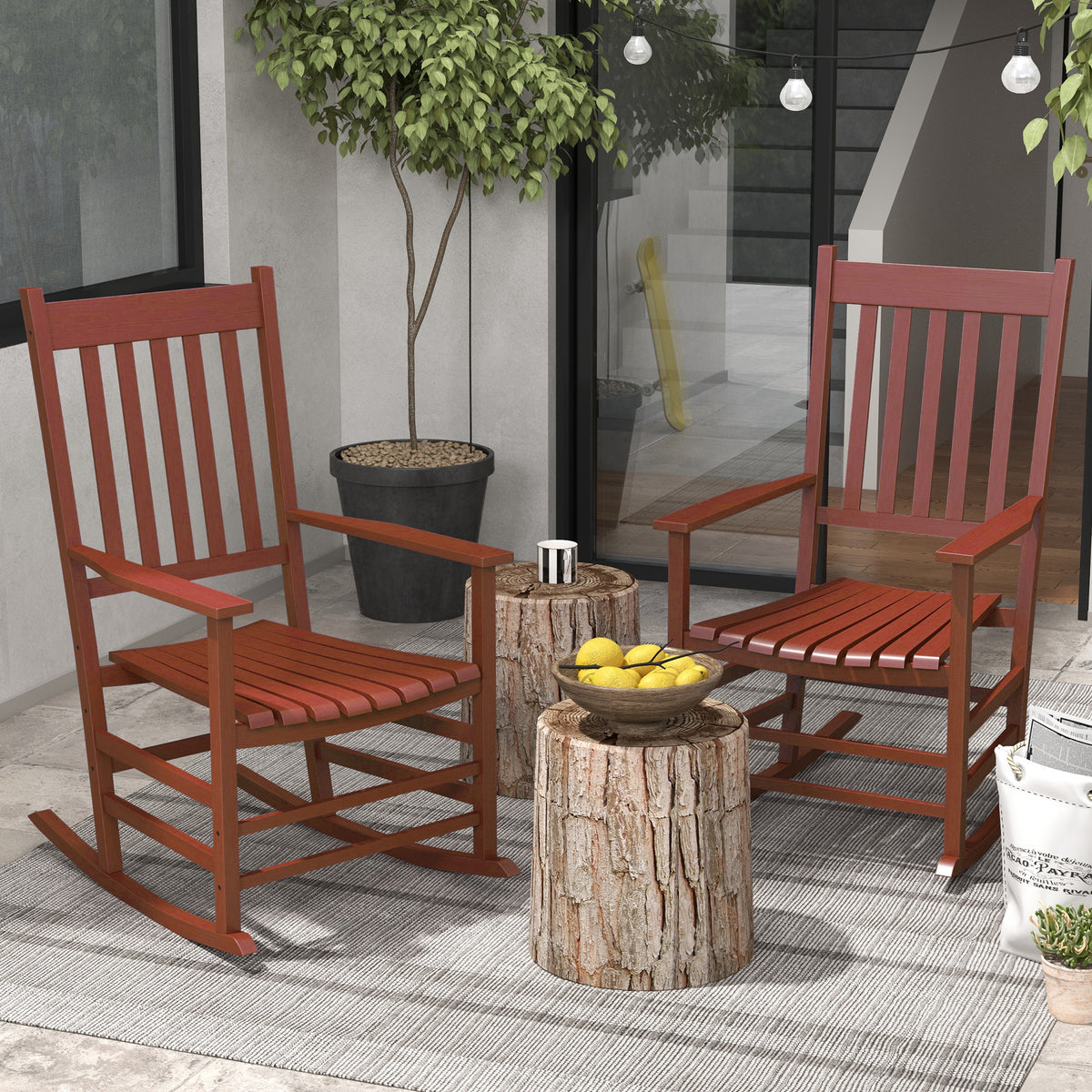 Outsunny Outdoor Rocking Chair Set Of 2, Patio Wooden Rocking Chair With Smooth Armrests, High Back For Garden, Balcony, Porch, Supports Up To 352 Lbs., Wine Red Red Fabric Metal