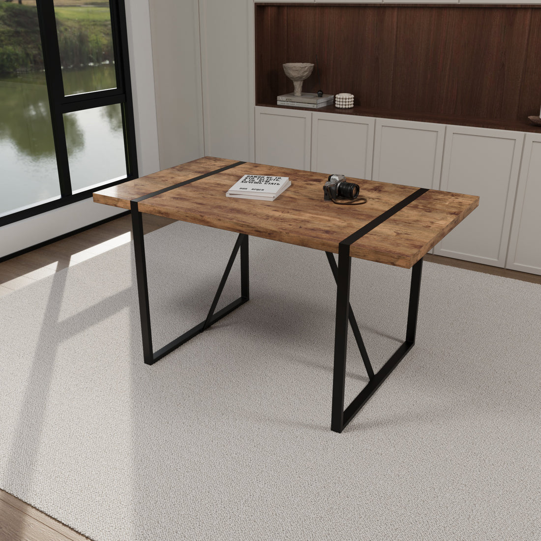 55 "Rural Industrial Rectangular Mdf Dark Wood Dining Table, 4 6 People, 1.5" Thick Engineering Wood Tabletop And Black Rectangular Metal Legs, Used For Writing Desk, Kitchen, Terrace, Dining Room Wood Kitchen Mdf