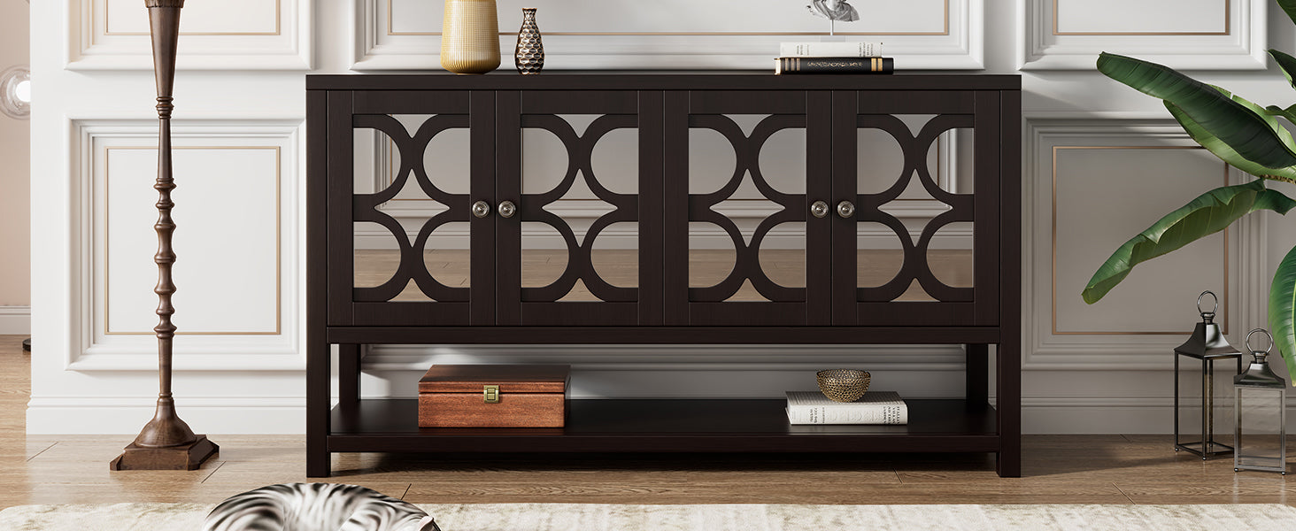 Elegant Retro Console Table Storage Cabinet Sideboard With Mirrored Doors, Spacious Shelves, And Durable Acacia Wood Legs Perfect For Living Room, Dining Room, Or Entryway Espresso Espresso Primary Living Space Solid Wood Mdf