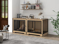 Dog Crate Furniture With Two Combined Room, Xl Large Double Dog Cage Furniture With Tray For Medium Large Dogs, Wooden Dog Kennel Furniture Black Natural Mdf Iron