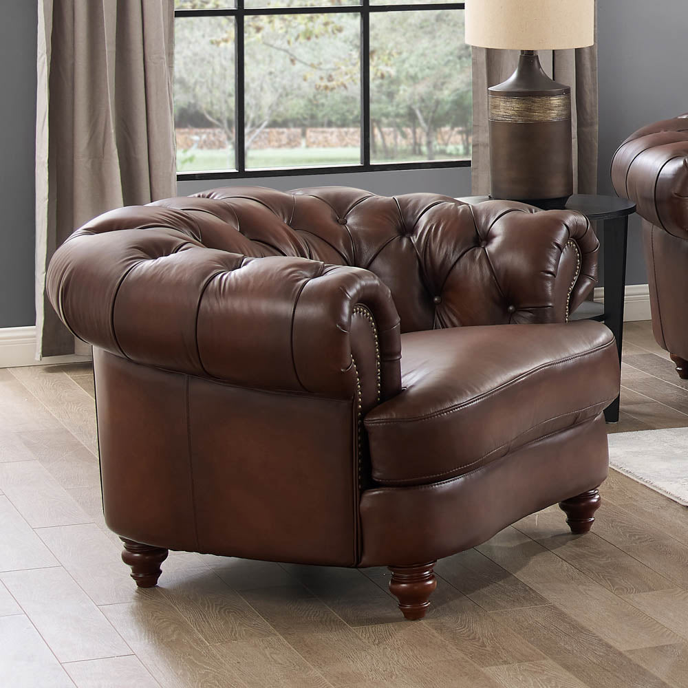 Newport Leather Chair Caramel Primary Living Space Mid Century Modern Eucalyptus Down Filling Leather
