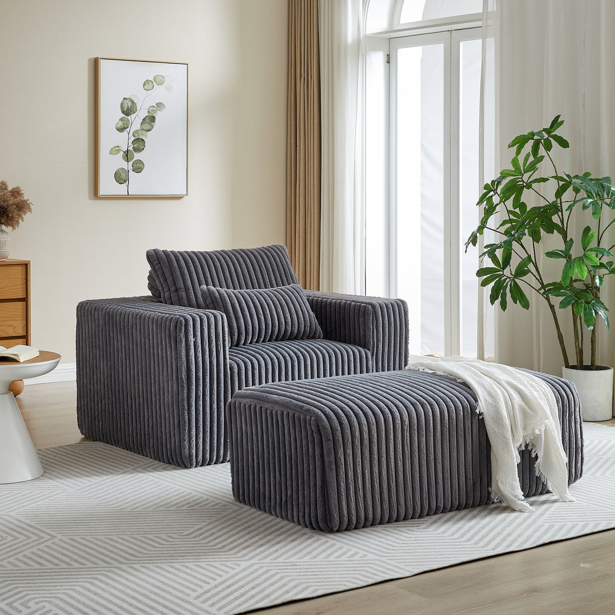 62.5 Inch Corduroy Sponge Sofa Lounge Chair With Removable Footrest,No Assembly Required,Fluffy Modern Sleeper Chair For Indoor Living Room Bedroom Grey Foam Corduroy 1 Seat