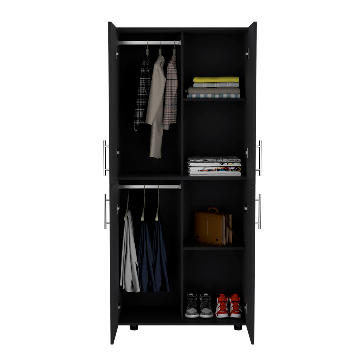 Hazel 70" High Four Door Armoire Wardrove Closet Cabinet, Six Shelves And Two Hanging Rods, Bedroom Clothes Storage Cabinet Organizer Black Black Bedroom Modern Particle Board
