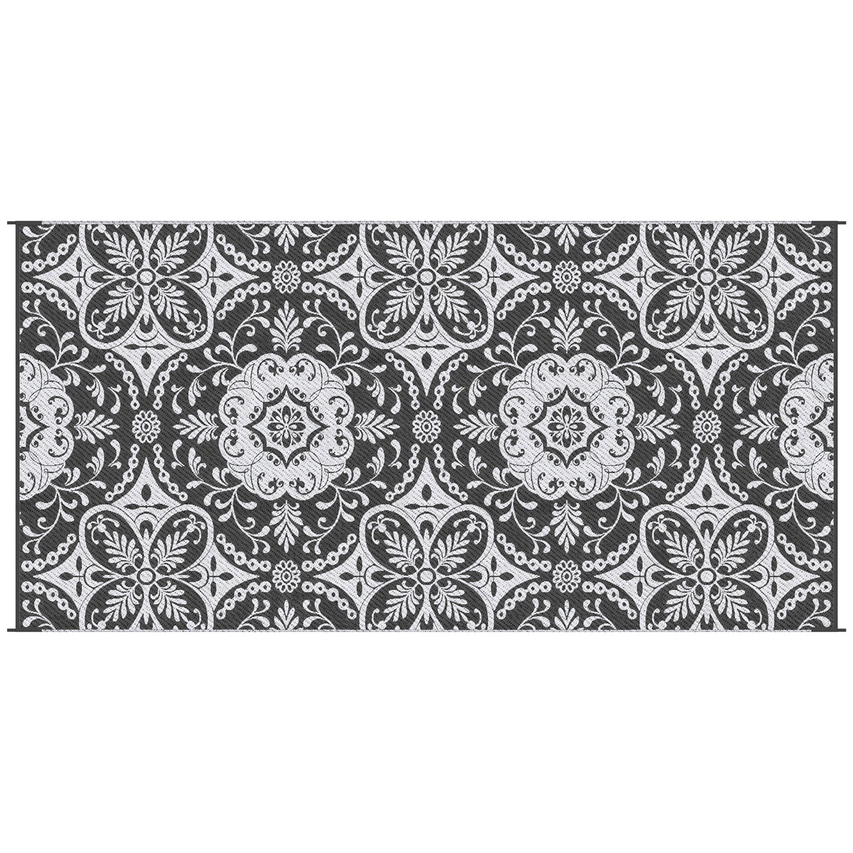 Outsunny Reversible Outdoor Rug, 9' X 18' Waterproof Plastic Straw Floor Mat, Portable Rv Camping Carpet With Carry Bag, Large Floor Mat For Backyard, Deck, Picnic, Beach, Gray & White Floral Multicolor Polypropylene